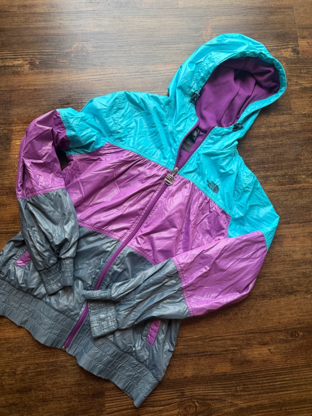 The North Face Women’s Teal, Purple & Gray Hooded Windbreaker